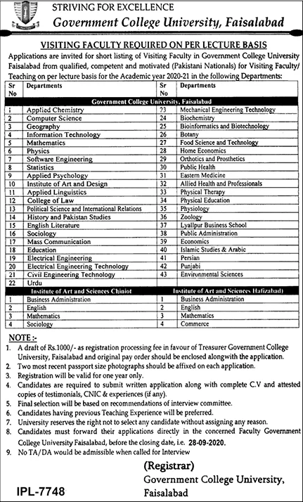 GC University Faisalabad Jobs September 2020 GCUF Government College University Latest