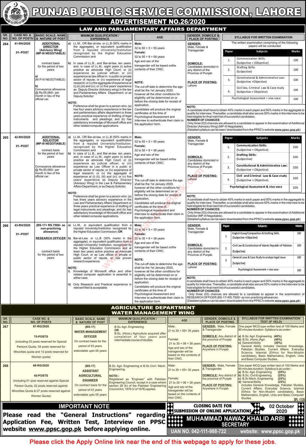 Agriculture Department Punjab Jobs September 2020 PPSC Water Management Officers & Assistant Agricultural Engineers Latest