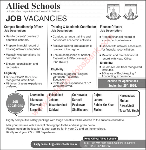 Allied Schools Jobs September 2020 Campus Relationship Officers, Coordinators & Finance Officers Latest