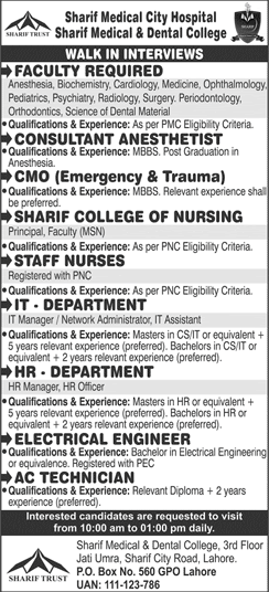Sharif Medical and Dental College Lahore Jobs September 2020 Teaching Faculty & Others Latest