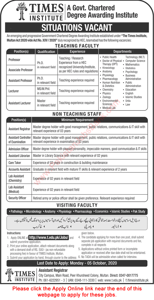 Times Institute Multan Jobs September / October 2020 Apply Online Teaching Faculty & Others Latest