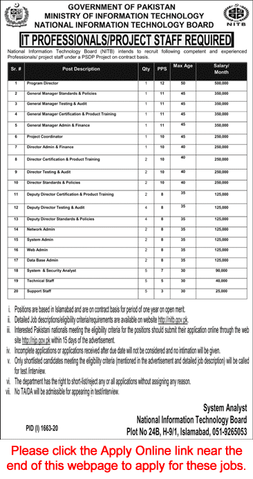 National Information Technology Board Jobs September / October 2020 NITB Islamabad Apply Online MoIT Latest