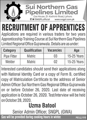 SNGPL Gujranwala Apprenticeships 2020 October Sui Northern Gas Pipelines Limited Latest