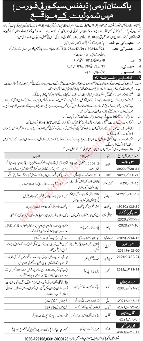 Defence Security Force Jobs 2020 October DSF Pakistan Army Sipahi General Duty Latest