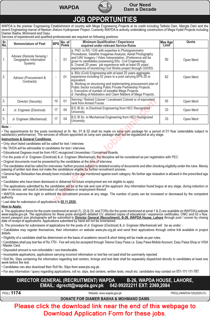 WAPDA Jobs October 2020 PTS Application Form Electrical / Mechanical Engineers & Others Latest