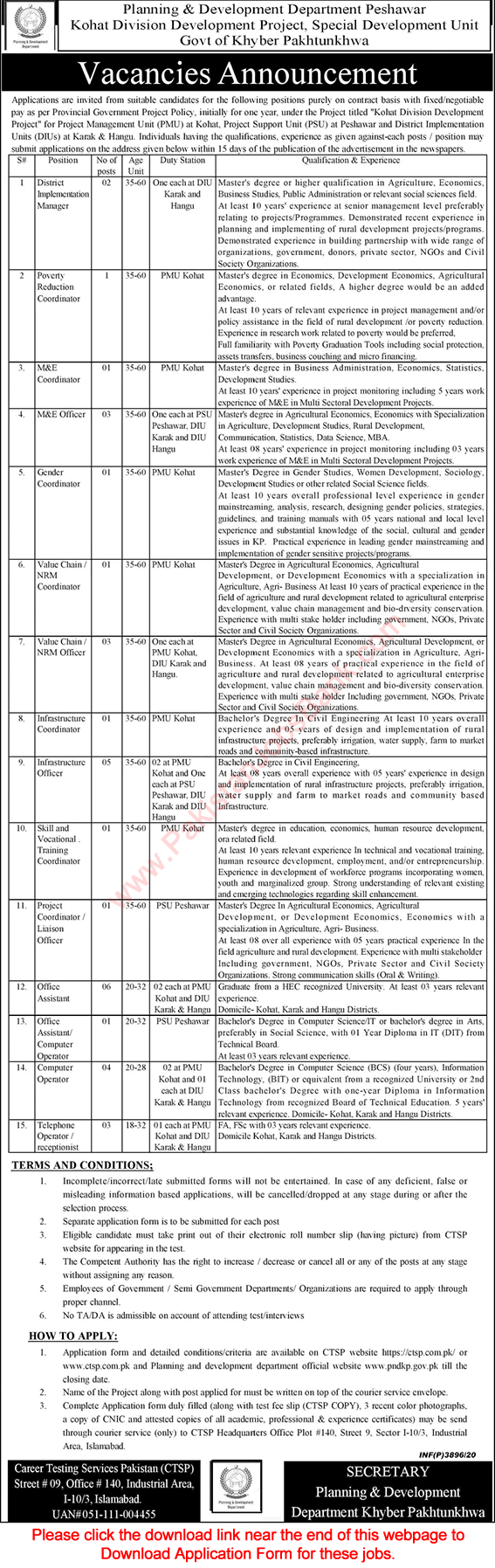 Planning and Development Department KPK Jobs 2020 October CTSP Application Form Office Assistant & Others Latest