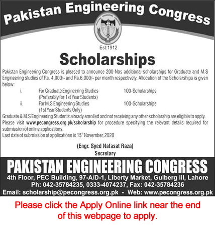 Pakistan Engineering Congress Scholarships 2020 October Apply Online for Graduate / MS Engineering PEC Latest