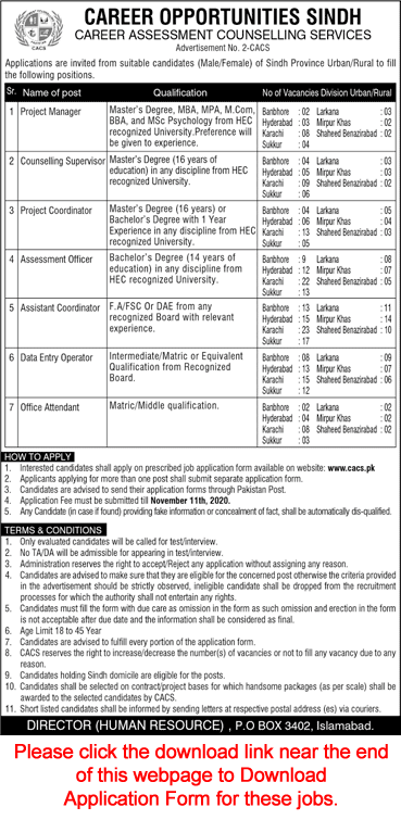 Career Assessment Counselling Services Sindh Jobs 2020 November 2020 Application Form CACS Latest