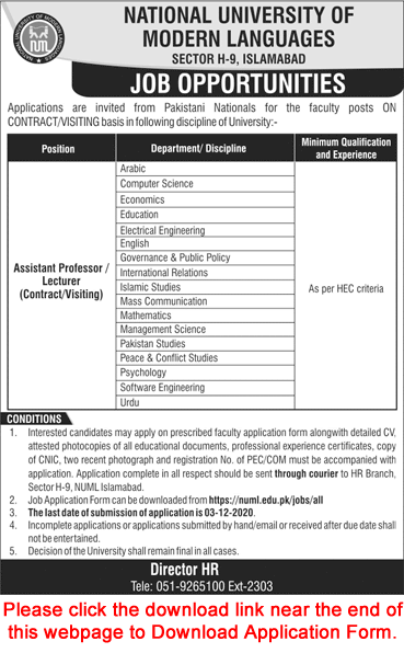 NUML University Islamabad Jobs November 2020 Application Form Teaching Faculty National University of Modern Languages Latest