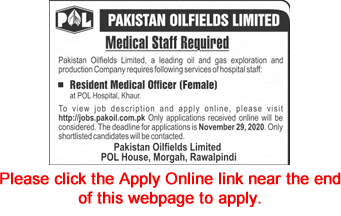 Resident Medical Officer Jobs in Pakistan Oilfields Limited November 2020 POL Hospital Khaur Apply Online Latest