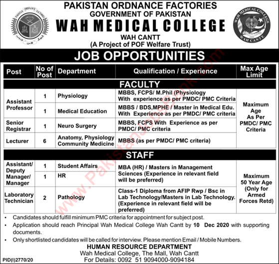 Wah Medical College Jobs November 2020 December Teaching Faculty & Others Latest