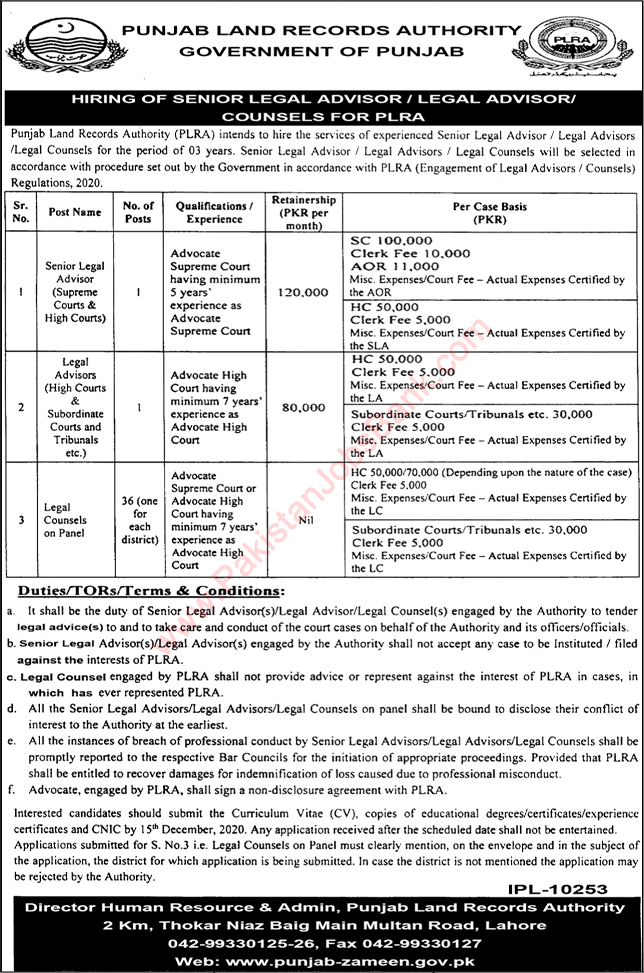 Punjab Land Records Authority Jobs November 2020 Legal Counsels & Advisors Latest