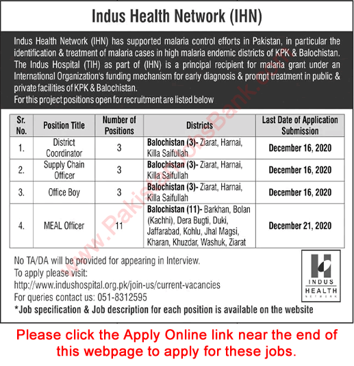 Indus Hospital Jobs December 2020 Apply Online MEAL Officers, District Coordinators & Others Latest