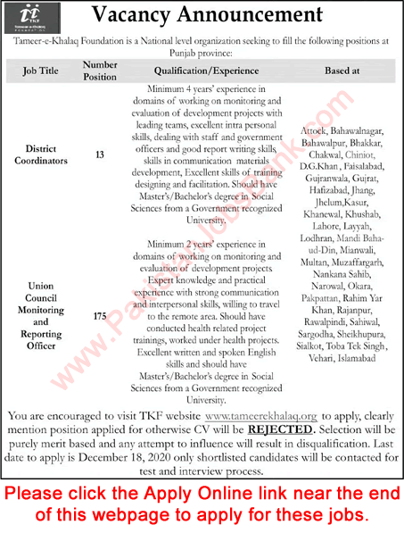 Tameer e Khalaq Foundation Jobs December 2020 Apply Online Monitoring and Reporting Officers & District Coordinators Latest