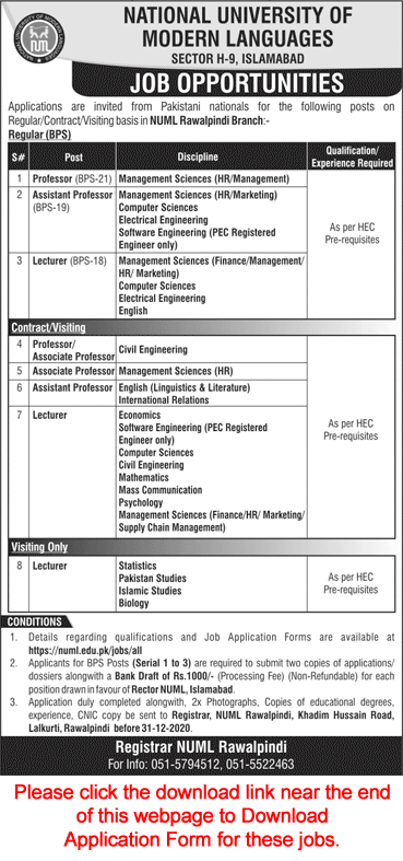 Teaching Faculty Jobs in NUML University December 2020 Rawalpindi Branch Application Form Latest