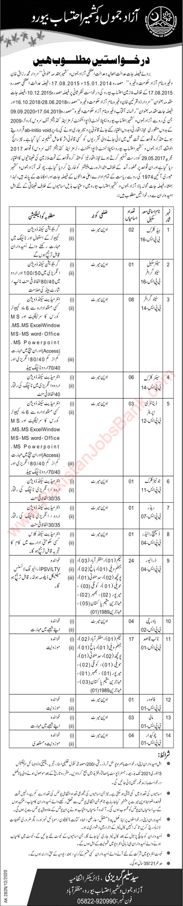 Ehtesab Bureau Azad Kashmir Jobs 2020 December AJ&K Drivers, Naib Qasid, Stenographers & Others Latest