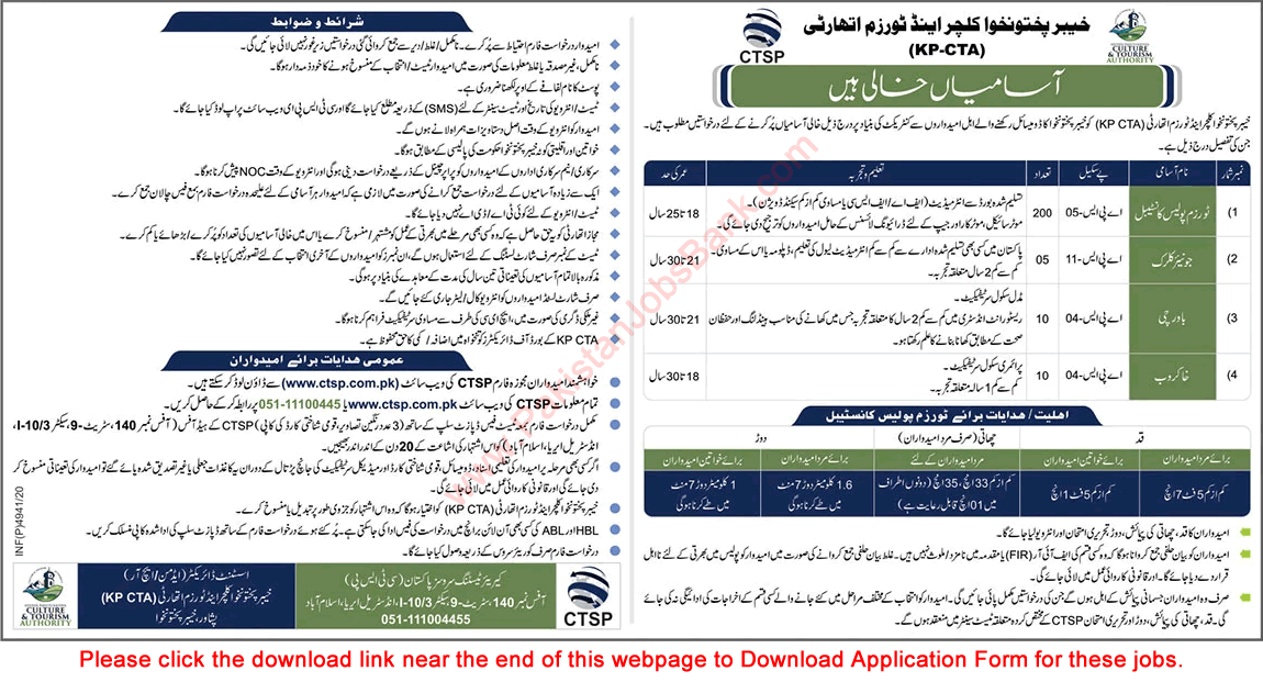 Culture and Tourism Authority KPK Jobs December 2020 CTSP Application Form Tourism Police Constable & Others Latest