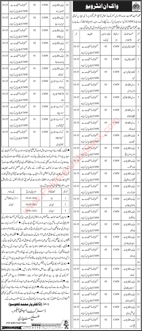 Community Midwife Jobs in Health Department Matiari 2021 January Sindh CMW Walk in Interview Latest