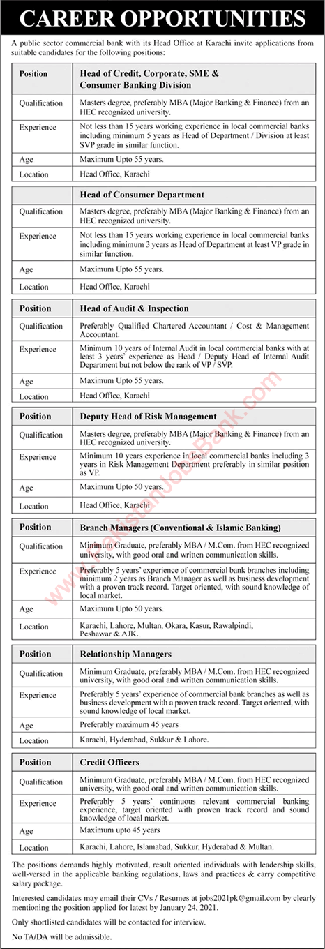 Bank Jobs in Pakistan 2021 Credit Officers, Relationship / Branch Managers & Others Latest