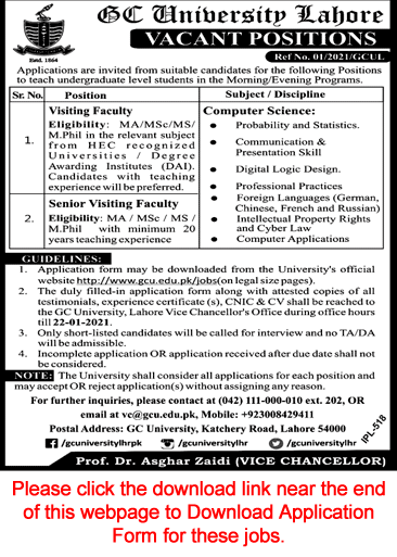 Visiting / Teaching Faculty Jobs in GC University Lahore 2021 Application Form Download Latest