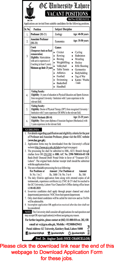 GC University Lahore Jobs 2021 Application Form Teaching Faculty & Others Latest