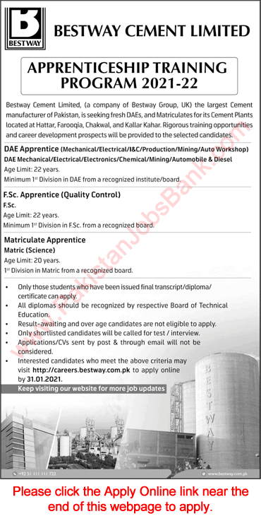 Bestway Cement Apprenticeship 2021-22 Apply Online DAE, F.Sc. & Matriculate Apprentices Latest