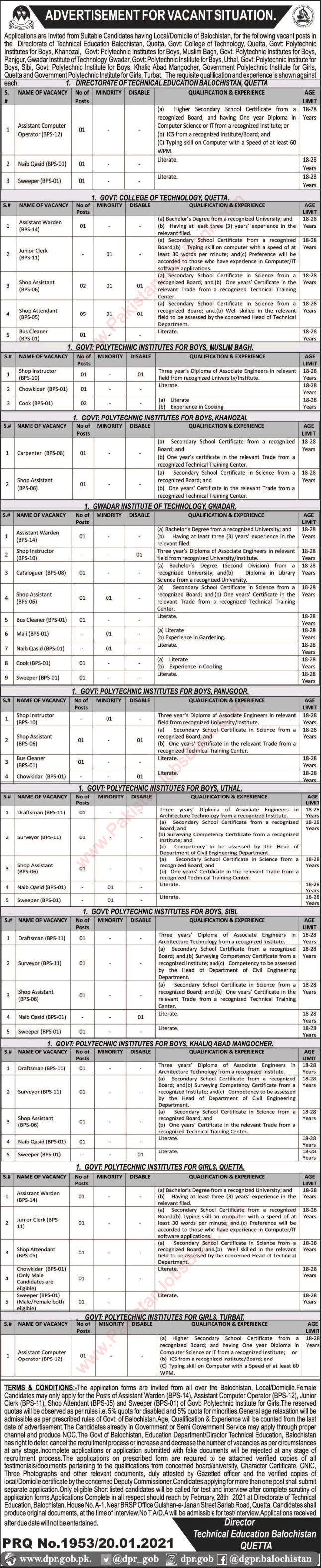Directorate of Technical Education Balochistan Jobs 2021 Shop Assistant / Attendant & Others Latest