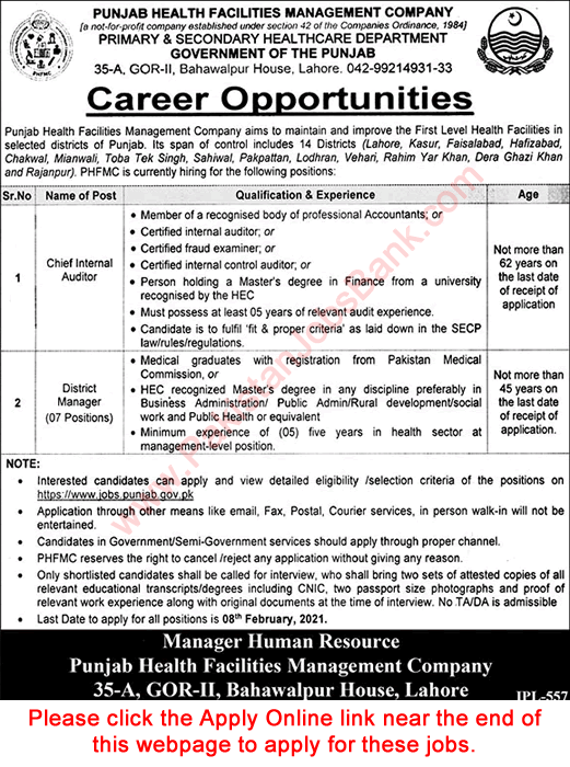 Punjab Health Facilities Management Company Jobs 2021 Apply Online Primary and Secondary Healthcare Department Latest