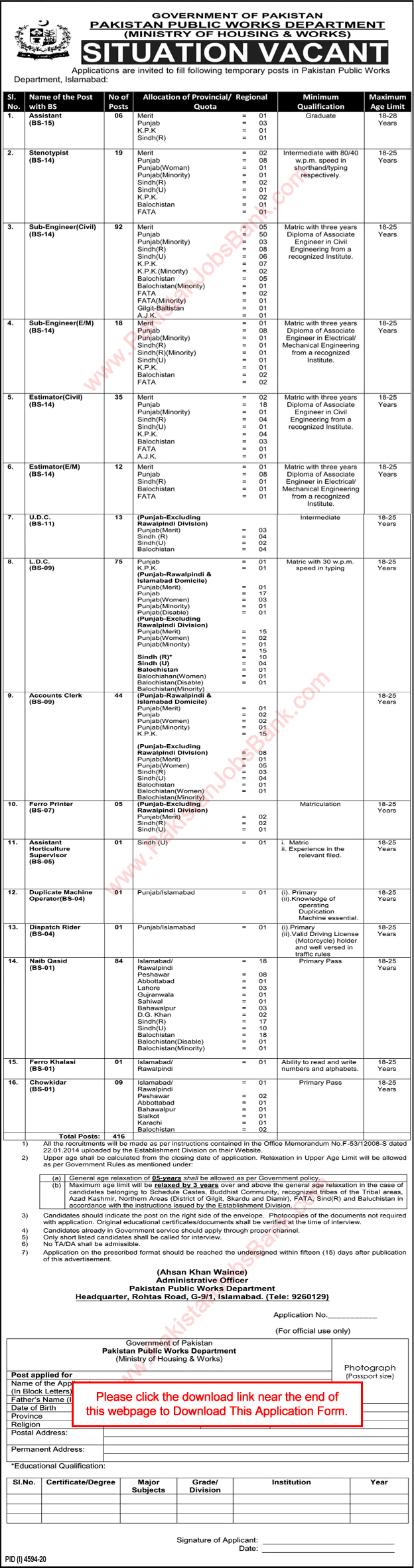 Pakistan Public Works Department Jobs 2021 February Pak PWD Application Form Sub Engineers, Clerks & Others Latest