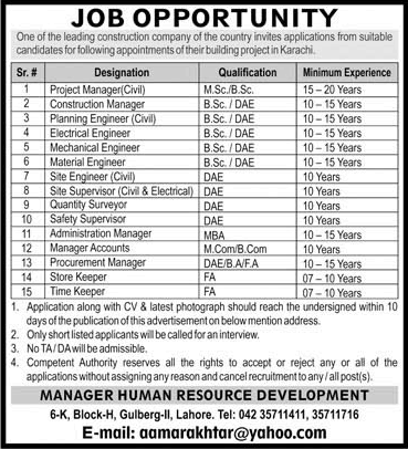 Construction Company Jobs in Karachi 2021 April Civil / Electrical Engineers & Others Latest
