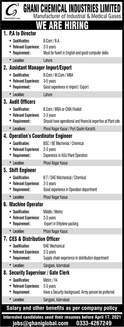 Ghani Chemical Industries Pakistan Jobs 2021 April Audit Officers, Shift Engineer & Others Latest