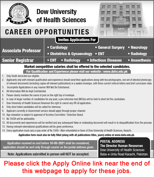 Dow University of Health Sciences Karachi Jobs April 2021 Apply Online Teaching Faculty Latest