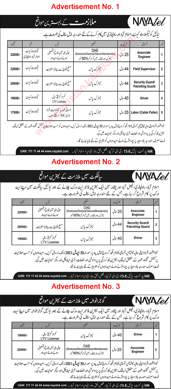 Nayatel Jobs April 2021 Associate Engineers, Field Supervisors, Labour & Others Latest