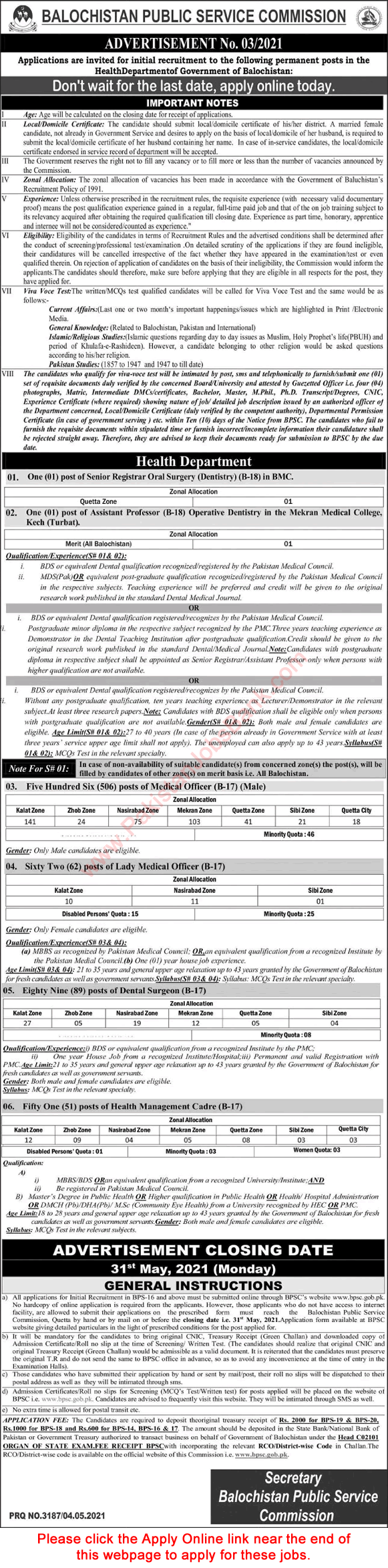 Health Department Balochistan Jobs May 2021 Medical Officers & Others BPSC Apply Online Latest