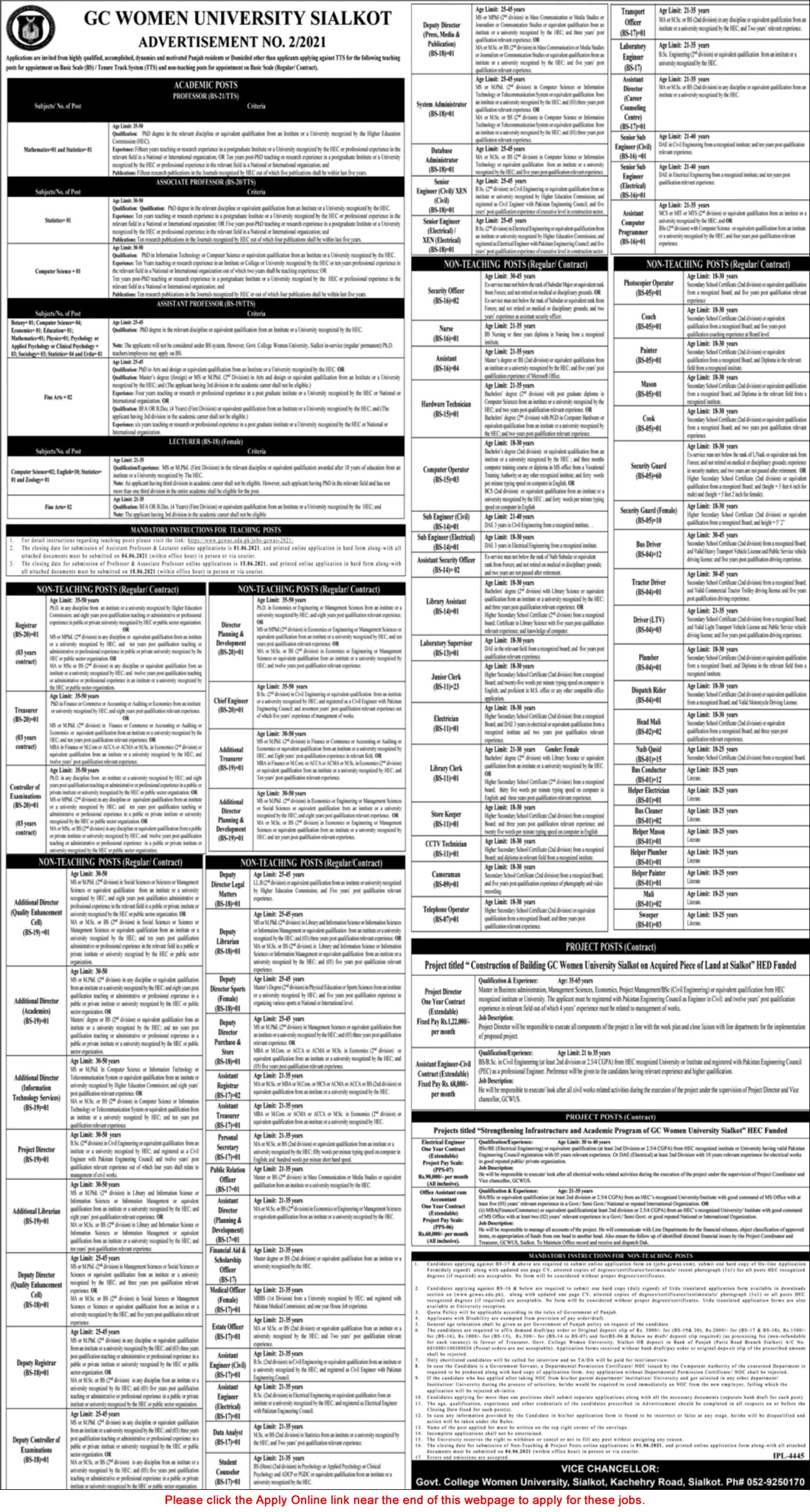 GC Women University Sialkot Jobs May 2021 Online Application Form Security Guards, Clerks & Others GCWU Latest