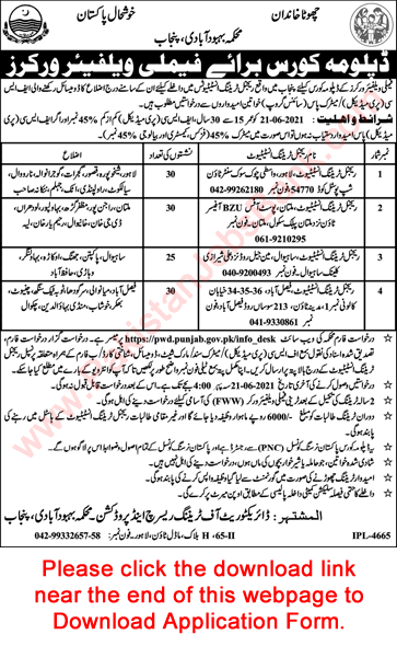 Family Welfare Worker Free Courses in Punjab May 2021 Application Form FWW Population Welfare Department Latest