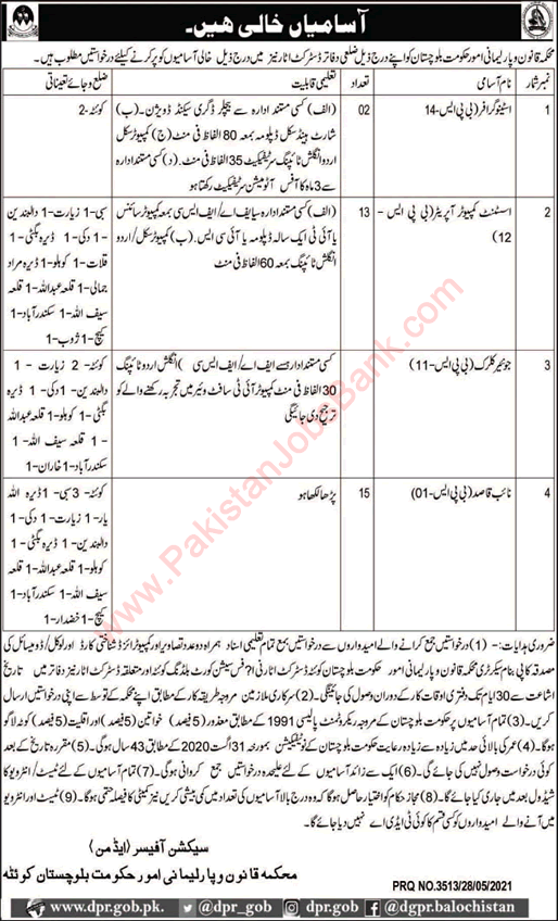 Law and Parliamentary Affairs Department Balochistan Jobs May 2021 June Naib Qasid & Others Latest
