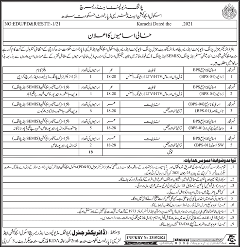 School Education and Literacy Department Sindh Jobs June 2021 Naib Qasid, Chowkidar & Others Latest