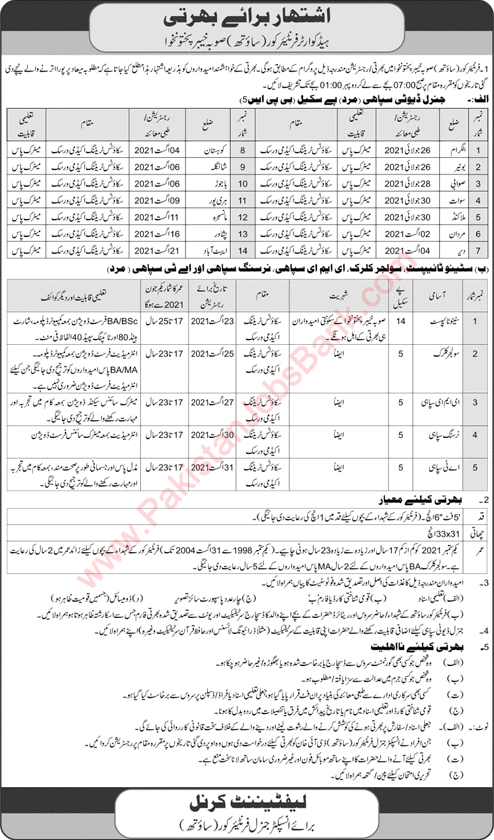 Frontier Corps KPK Jobs July 2021 FC South Sipahi & Others Latest