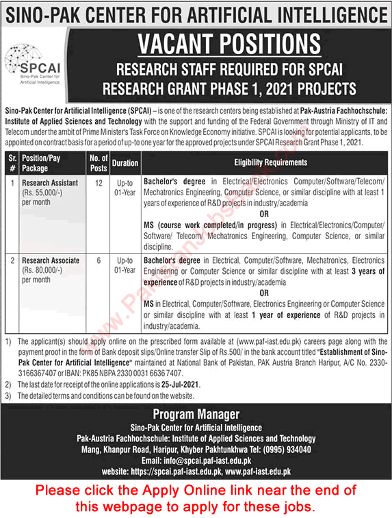 Research Associate / Assistant Jobs in Sino Pak Center for Artificial Intelligence 2021 July Apply Online SPCAI Latest