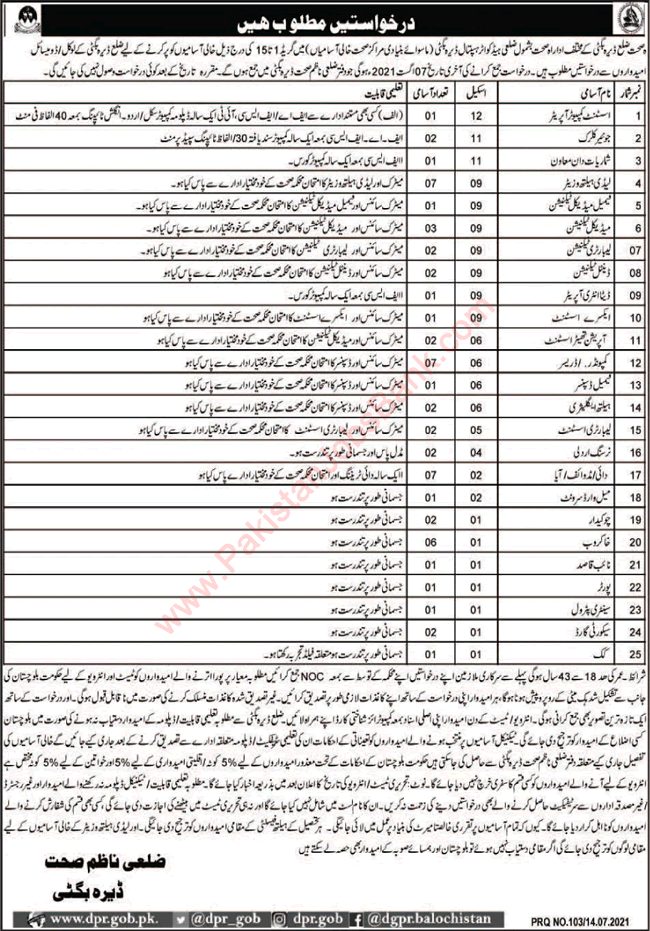Health Department Dera Bugti Jobs 2021 July Medical Technician, Lady Health Visitors & Others Latest