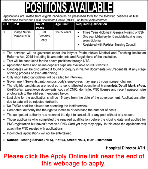 Charge Nurse Jobs in MTI Abbottabad 2021 July NTS Apply Online Mother and Child Healthcare Center Latest