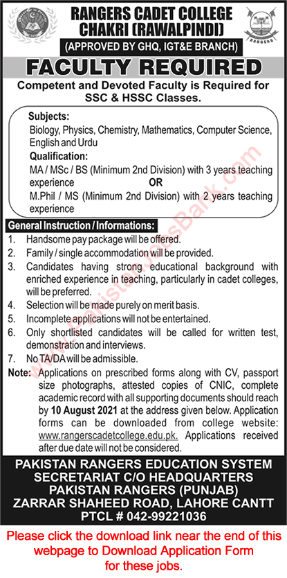 Teaching Jobs in Rangers Cadet College Chakri Rawalpindi July 2021 Application Form Latest