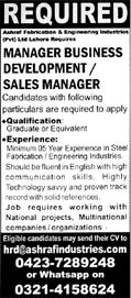 Sales / Business Development Manager Jobs in Lahore July 2021 August at Ashraf Fabrication & Engineering Industries Pvt Ltd Latest