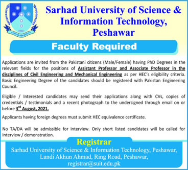 Sarhad University of Science and Information Technology Peshawar Jobs 2021 July Teaching Faculty Latest