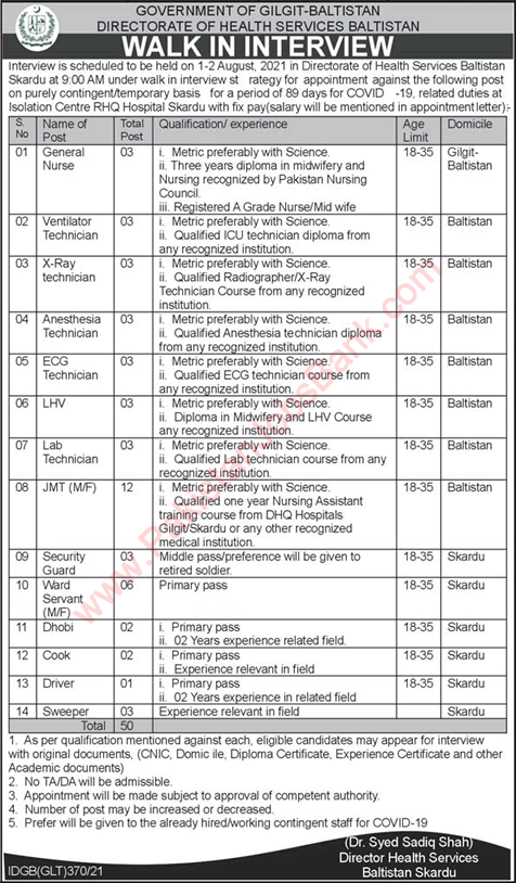 Health Department Gilgit Baltistan Jobs July 2021 August Walk In Interview Medical Technicians & Others Latest