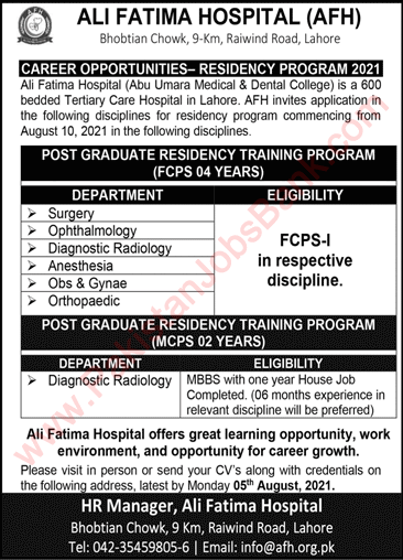 Ali Fatima Hospital Lahore FCPS / MCPS Postgraduate Training 2021 August Latest