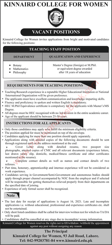 Teaching Faculty Jobs in Kinnaird College for Women Lahore 2021 August Latest