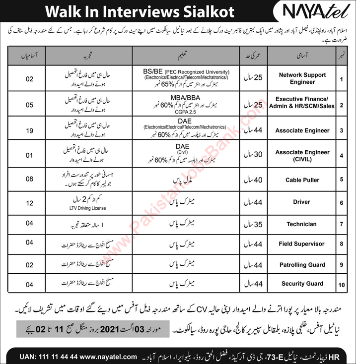 Nayatel Jobs August 2021 Sialkot Associate Engineers, Drivers, Cable Puller & Others Walk in Interview Latest