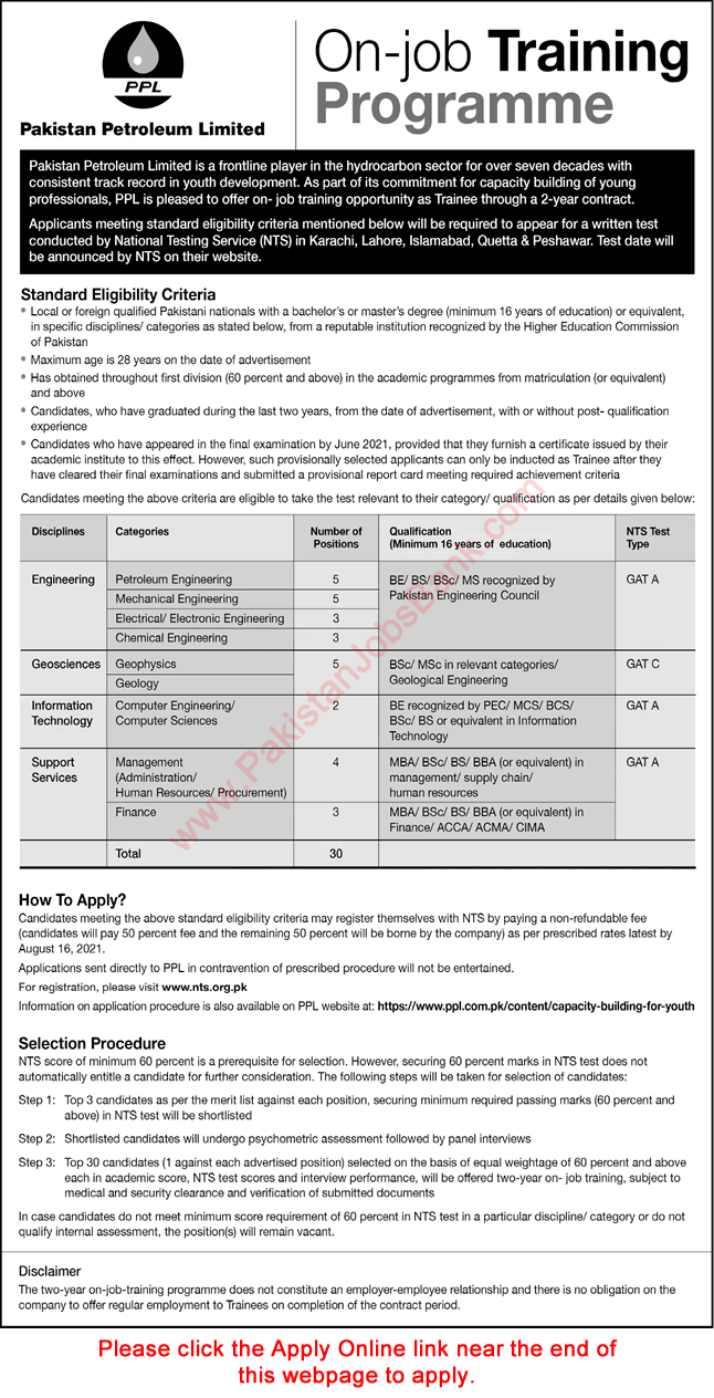 Pakistan Petroleum Limited Jobs August 2021 NTS Apply Online PPL On Job Training Programme Latest